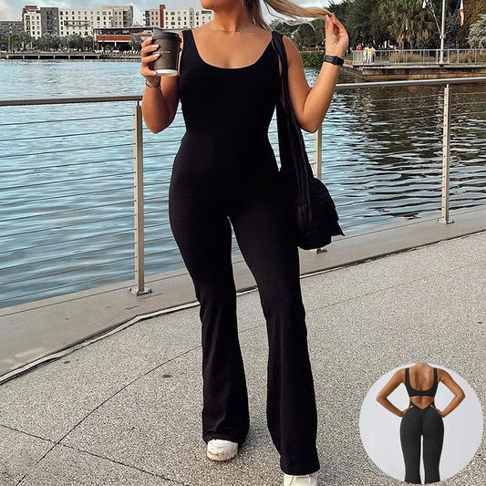 Women's Sleeveless Flare Jumpsuits Sexy Backless Tank Tops Bodycon Scrunch Butt V Back Yoga Bodysuit Rompers