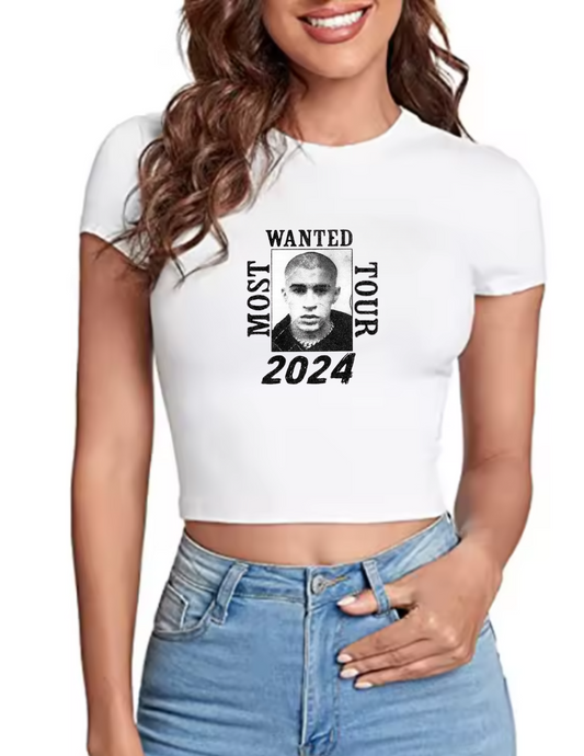 Women's BAD BUNNY 2024 MOST WANTED TOUR Fitted Slogan Graphic White Crop Top T-Shirt Tee Casual Womenswear Cute Basic