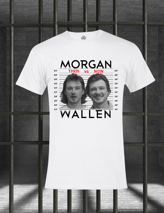 Men's Morgan Wallen Then vs Now Mug Shot Mugshot Graphic White T-Shirt Tee Shirt Menswear Top Casual Shortsleeve